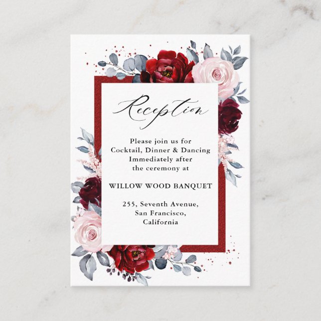 Burgundy Vin Dusty Blue Slate Wedement Reception Tilläggskort (Framsida)
