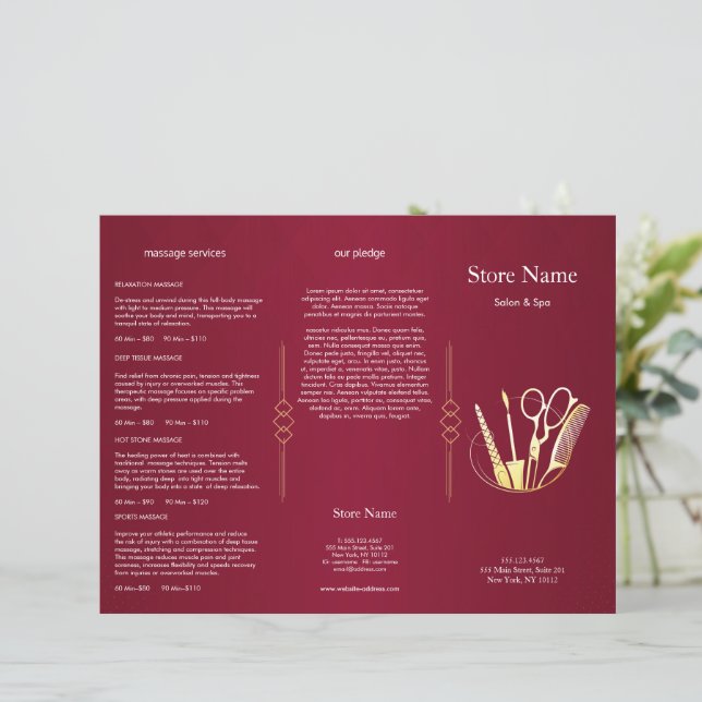 Burgundy Vin & Guld Beauty Salon Trifold Bruchure (Stående Fram)