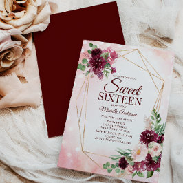 Burgundy Vin Guld Boho Watercolor Blommigt Sweet 1 Inbjudningar