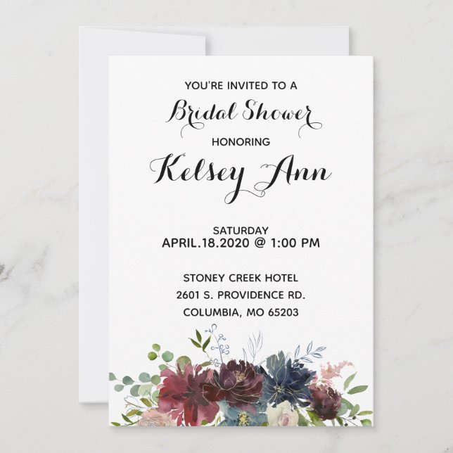 Burgundy Vin och Blue Bouquet Möhippa Inbjudan (Framsida)