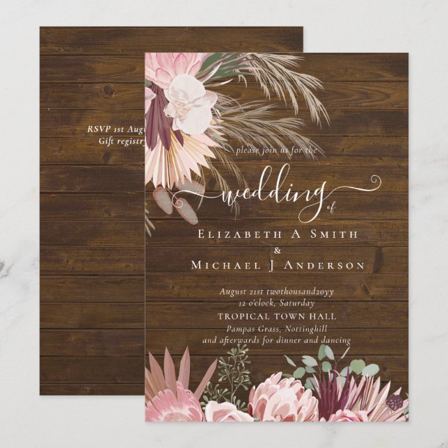 Burgundy Vin Pampas Grass Tropical Bröllop (Fram/baksida)