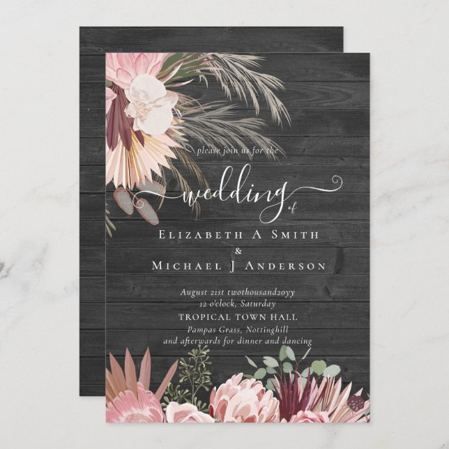 Burgundy Vin Pampas Grass Tropical Bröllop (Fram/baksida)