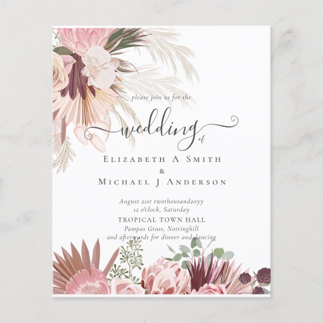 Burgundy Vin Pampas Grass Tropical Bröllop Flygblad (Framsidan)