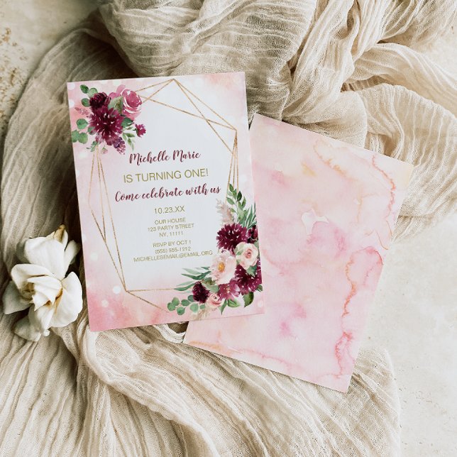 Burgundy Vin Rosa och Guld Blommigt Första födelse Inbjudningar (Skapare uppladdad)