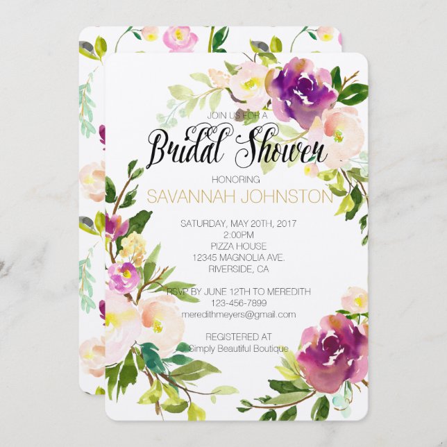 Burgundy Vin Rosa Watercolor Blommigt möhippa Inbjudningar (Fram/baksida)