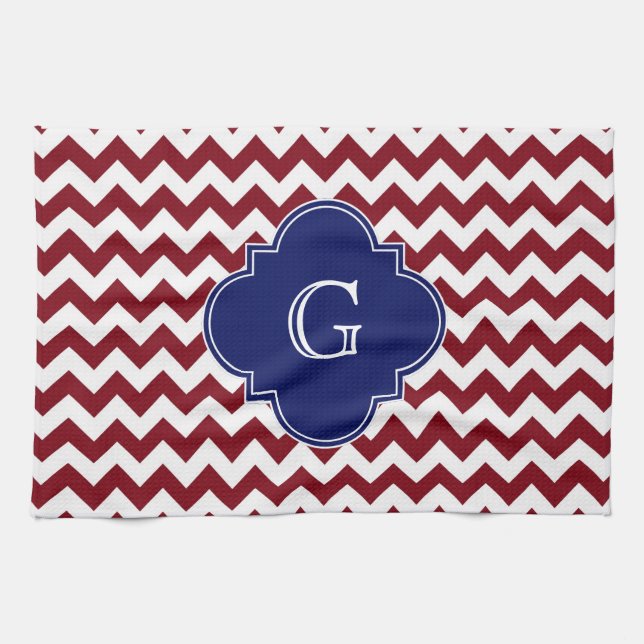 Burgundy Vin, White Chevron Zig-Zag Navy Monogram Kökshandduk (Horisontell)