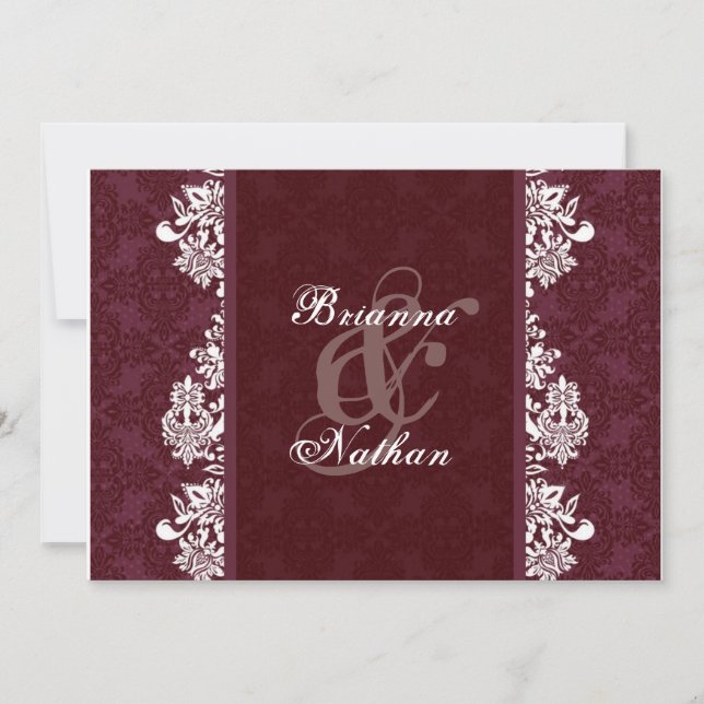 Burgundy Vin & White Damask Wedding bjudande Inbjudningar (Framsida)