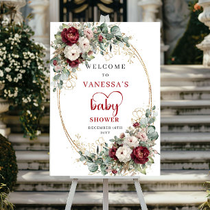 Burgundy vinröd blommig guld baby shower välkommen poster