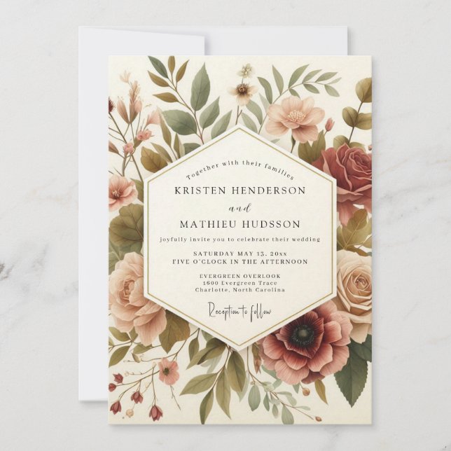 Burgundy Vintage Bloom Wedding Inbjudningar (Framsida)