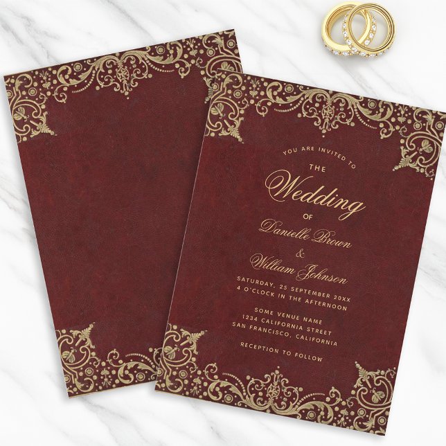 Burgundy Vintage Guld Calligraphy Elegant bröllop Inbjudningar (Skapare uppladdad)