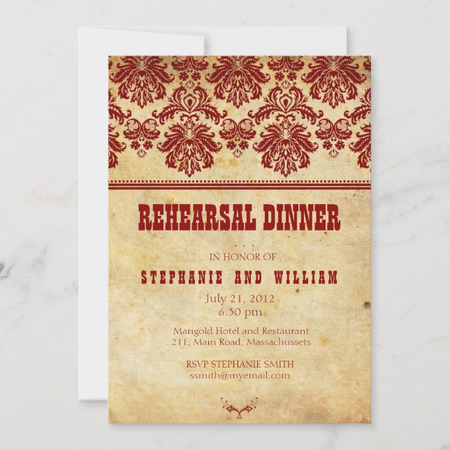 Burgundy Vintage Snöre Rehearsal Dinner Card Inbjudningar (Framsida)