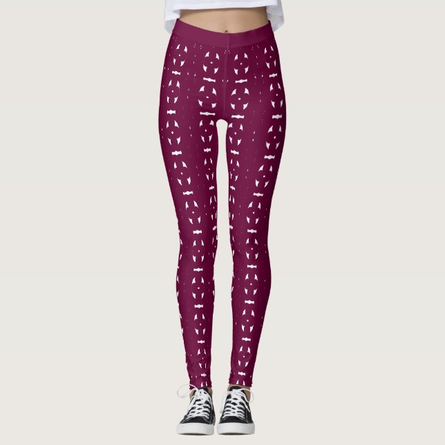 Burgundy & Vit Abstrakt Mönster Leggings (Framsida)