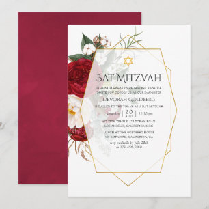 Burgundy & Vit Blommig Geometrisk Bat Mitzvah Inbjudningar