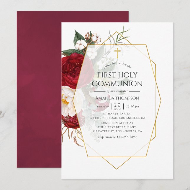 Burgundy & Vit Blommig Geometrisk Första Kommunion Inbjudningar (Fram/baksida)