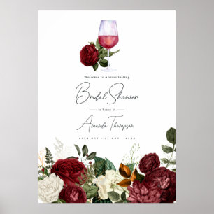 Burgundy & Vit Blommig Vinträffning Bröllopsdusch Poster