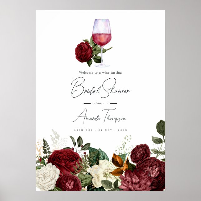 Burgundy & Vit Blommig Vinträffning Bröllopsdusch Poster (Framsidan)