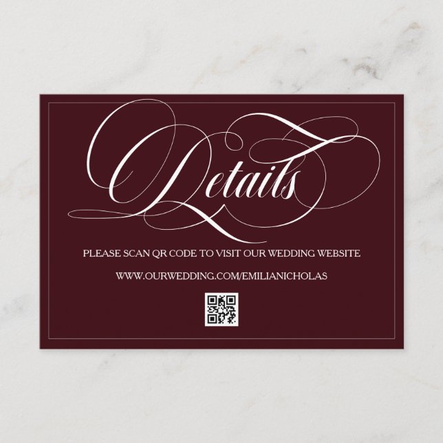Burgundy Vit Bröllopsinformation QR Bifogad Kort (Framsida)
