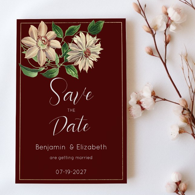 Burgundy vit grön blomster botanisk Save the Date  Inbjudningar (Burgundy white green floral botanic Save the Date)