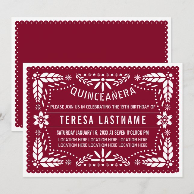 Burgundy, vit papel picado Mexican Quinceañera Inbjudningar (Fram/baksida)