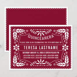 Burgundy, vit papel picado Mexican Quinceañera Inbjudningar