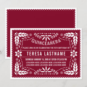 Burgundy, vit papel picado Mexican Quinceañera Inbjudningar