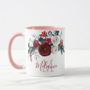Burgundy Vit ros Blommigt Gräs Monogrammed monogra Mugg