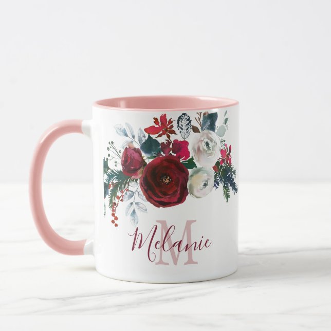 Burgundy Vit ros Blommigt Gräs Monogrammed monogra Mugg (Vänster)