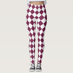 Burgundy Vit Rutig Diamantmönster Leggings