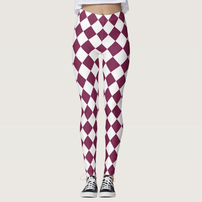 Burgundy Vit Rutig Diamantmönster Leggings (Framsida)
