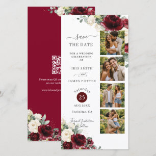 Burgundy Vita Blommor Fotobås Bröllop QR Spara Datumet