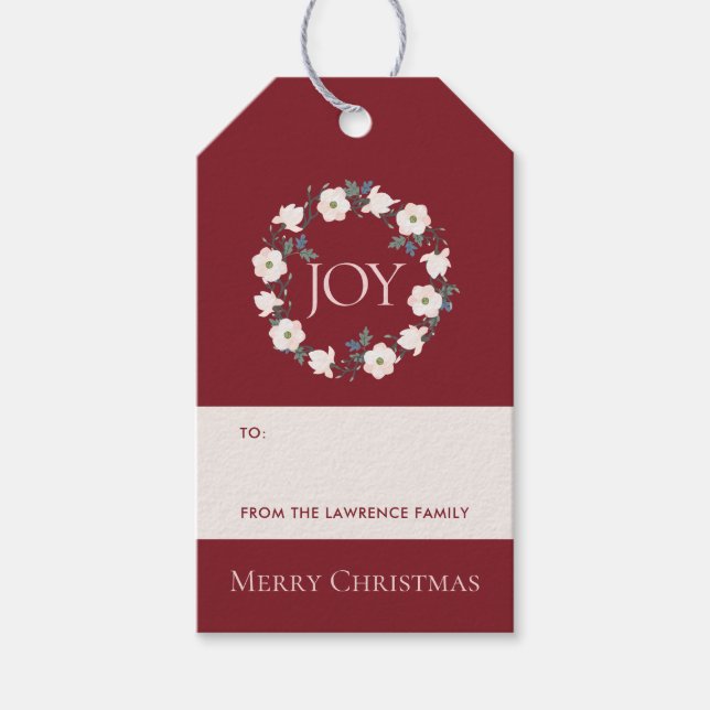 Burgundy  Wandey Joy Blommigt jul Helgdag Presentetikett (Framsidan)