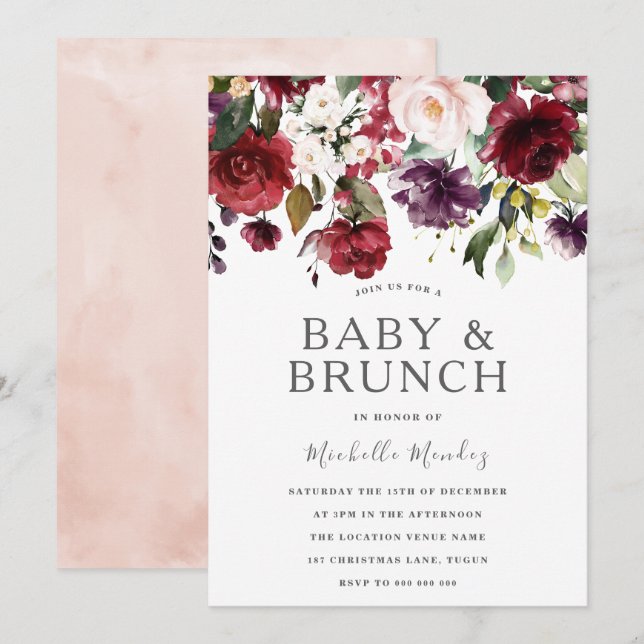  Burgundy Watercolor Baby Shower & Brunch Inbjudningar (Fram/baksida)