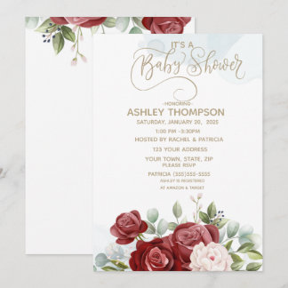 Burgundy Watercolor Blommigt Baby Shower Inbjudningar