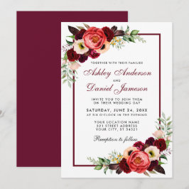 Burgundy Watercolor Blommigt Boho bröllopsinbjudan Inbjudningar