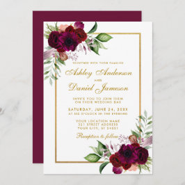 Burgundy Watercolor Blommigt Boho Guld Bröllop Inbjudningar