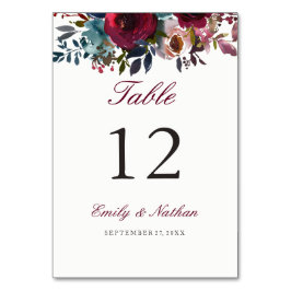 Burgundy Watercolor Blommigt Bordsnummer Cards