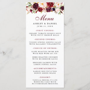 Burgundy Watercolor Blommigt Bröllop Menu Meny