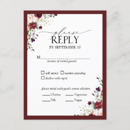 Burgundy Watercolor Blommigt Bröllop OSA Inbjudan Vykort