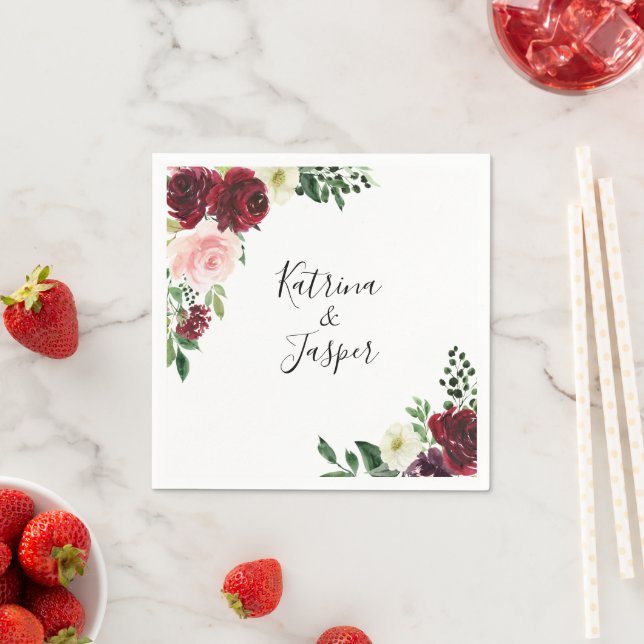 Burgundy  Watercolor Blommigt Bröllop Pappersservett (Insitu)