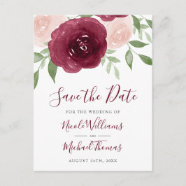 Burgundy Watercolor Blommigt Bröllop spara datum Meddelande Vykort