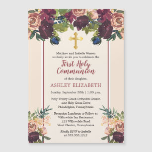 Burgundy Watercolor Blommigt Communion Invit Magnetisk Inbjudningskort