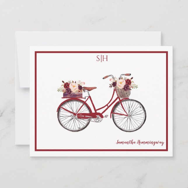 Burgundy Watercolor Blommigt Cycle Monogram Namn Anteckningskort (Framsida)