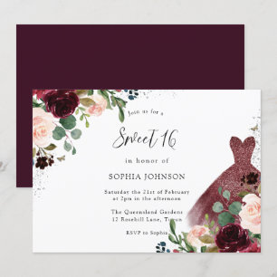 Burgundy & Watercolor Blommigt Dress Sweet 16 Inbjudningar