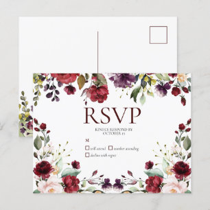 Burgundy Watercolor Blommigt Drop No Menu OSA (ej Inbjudan Vykort