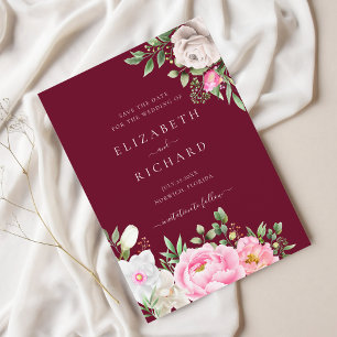 Burgundy Watercolor Blommigt Elegant bröllop Spara Datumet