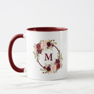 Burgundy Watercolor Blommigt Elegant Monogram Mugg