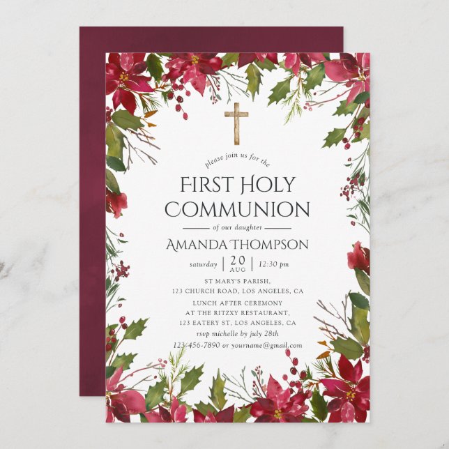 Burgundy Watercolor Blommigt First Heliga Communio Inbjudningar (Fram/baksida)