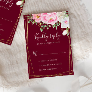 Burgundy Watercolor Blommigt Geometric Bröllop OSA Kort