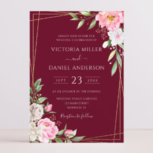 Burgundy Watercolor Blommigt Geometric Guld Bröllo Inbjudningar