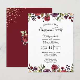 Burgundy Watercolor Blommigt Gold Foil Förlovning Inbjudningar